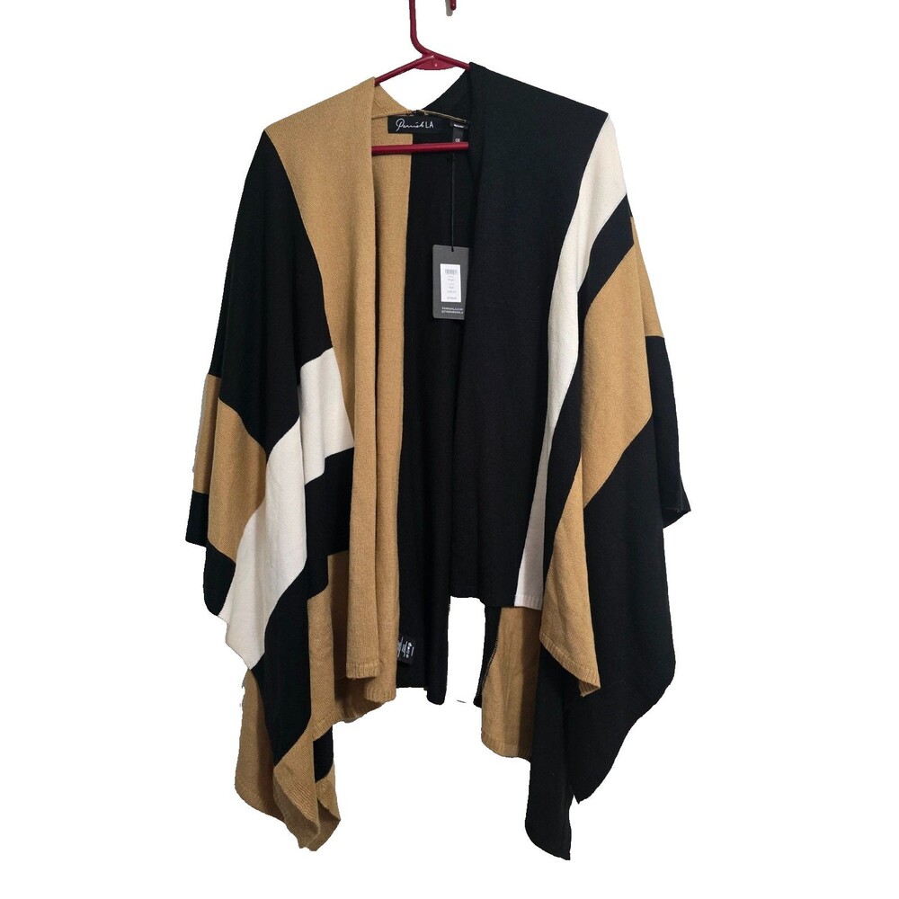 NWT Parrish LA Womens Poncho Geometric Tan Black White Stevie One Size
